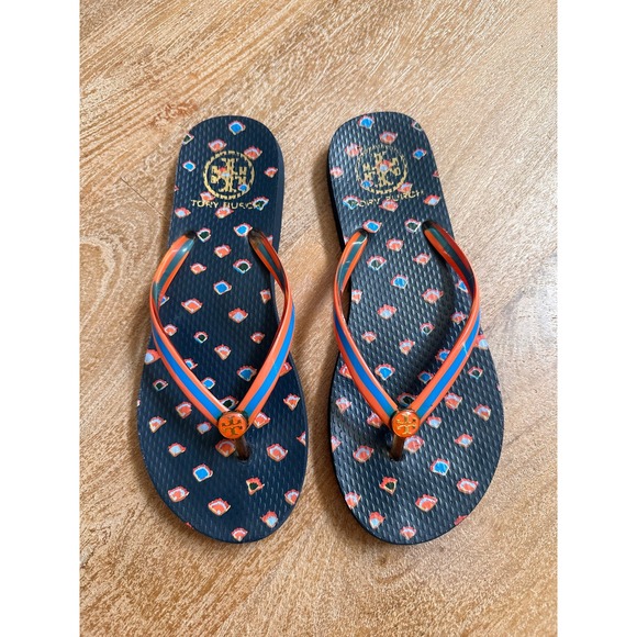 Tory Burch Shoes - Tory Burch Flip Flops Women Orange Blue Pattern Logo Sandals Size
